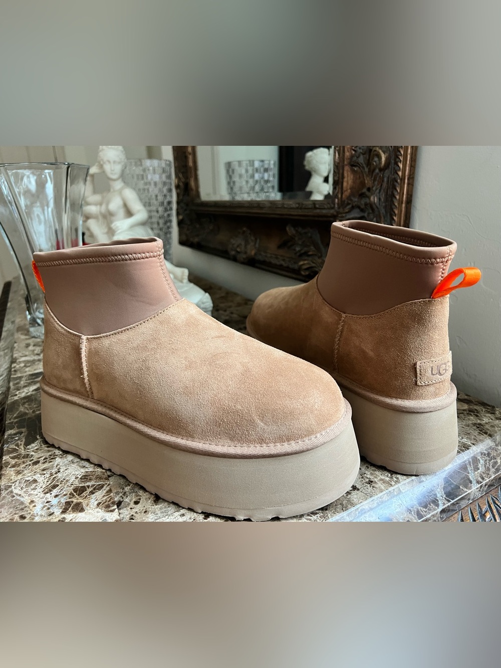 UGG Women’s Platform Suede Ankle Boots in Tan with Orange Pull Tab